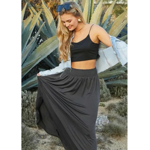 SOLD OUT Charcoal Smocked Waist Side Slit Pocket Maxi Skirt - Picture 2 of 3